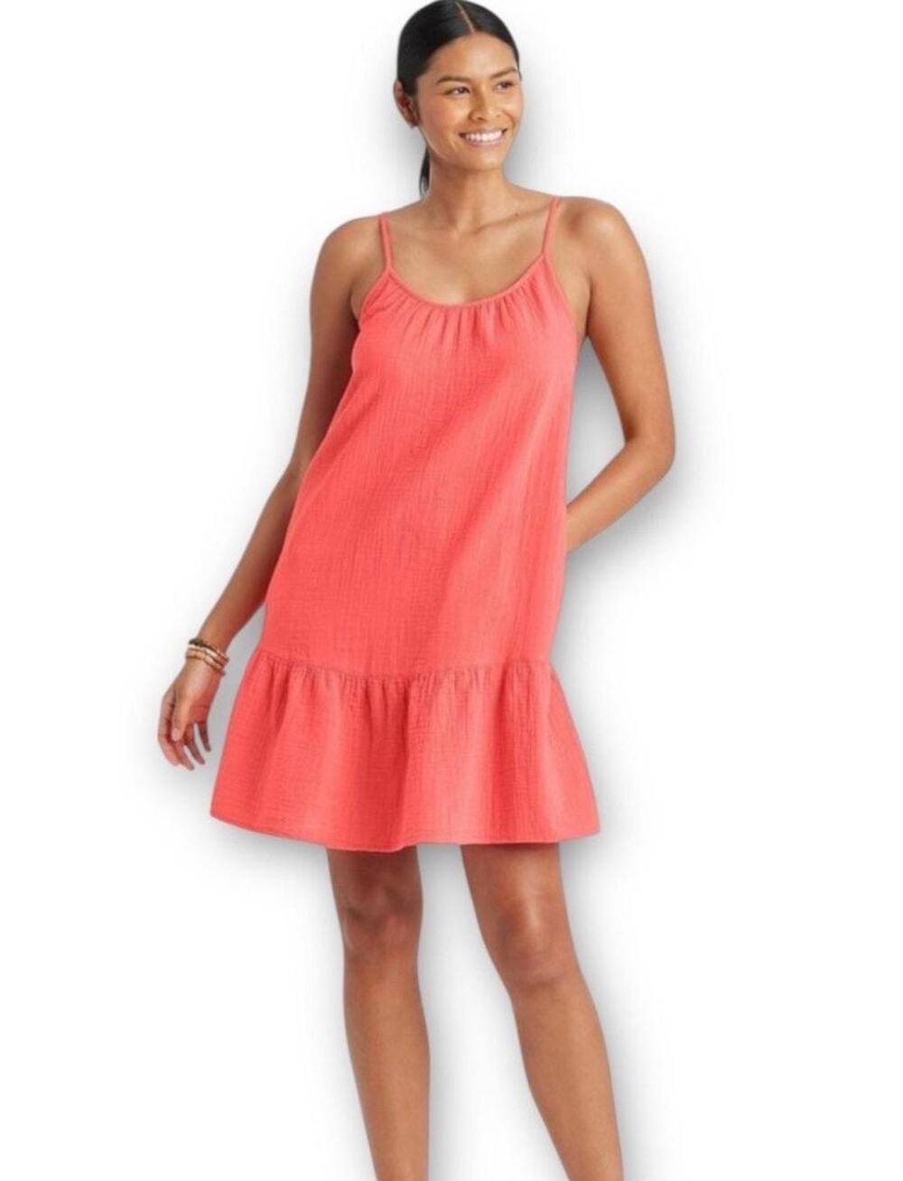 Universal Thread Coral Pink Cotton Gauze Tiered Cami Mini Dress XL with pockets